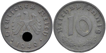 ГЕРМАНИЯ 10 РЕЙХСПФЕННИГОВ 1940 F KM 101, J. 371 цинк 4401-855