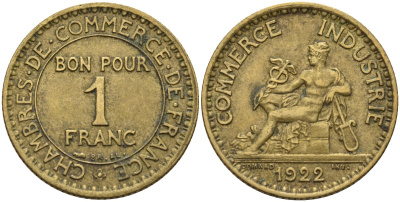 Франция 1 франк 1922 KM 876, Le Franc 218.5 алюминиевая бронза 4142-632
