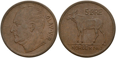 Норвегия 5 эре 1962 Улаф V (1958 - 1991) KM 405 бронза 4156-253