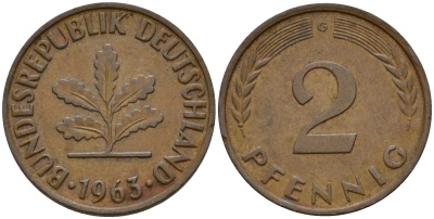 ФРГ 2 пфеннига 1963 G J.381  KM 106 бронза    4598-732
