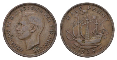 Великобритания 1/2 пенни 1938 Георг VI (1936-1952) KM 844, Spink 4115 бронза 4546-1114