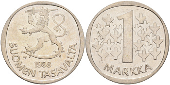 ФИНЛЯНДИЯ 1 МАРКА 1988 M KM 49а медно-никель 4556-754