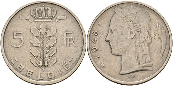 Бельгия 5 франков 1948 Belgie, первый год KM 135.1 медно-никель    4187-246