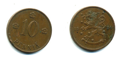Финляндия 10 пенни 1924 республика (1918-1962) KM 24 медь 46-2023