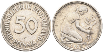 ФРГ 50 пфеннигов 1950 F KM 109, J. 384 медно-никель 4132-1157