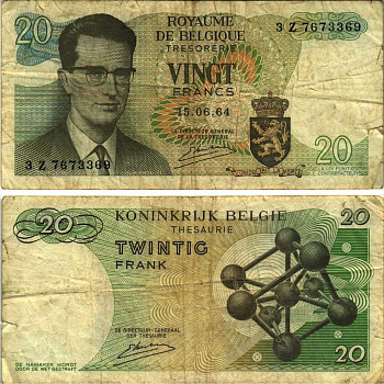 Бельгия 20 франков 1964 Бодуэн I, атомиум, Kestens Pick 138 (3) бумага 7486-39-1-2