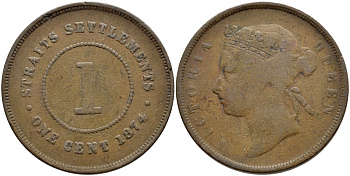 СТРЭЙТС СЕТЛМЕНТС 1 ЦЕНТ 1874 ВИКТОРИЯ KM 9 бронза 4394-341