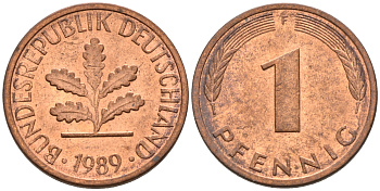 ФРГ 1 ПФЕННИГ 1989 F KM 105, J.380 сталь плакированная медью UNC 75-431