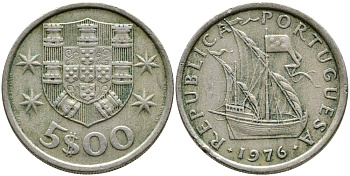 ПОРТУГАЛИЯ 5 ЭСКУДО 1976 ПАРУСНИК KM 591 медно-никель 4388-514
