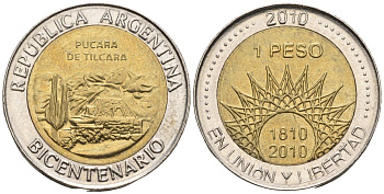 Аргентина 1 песо 2010 200 лет Аргентине - развалины крепости Пукара около г. Тилькара KM 159, CJ 6.22, Schon 165 биметалл    60-626