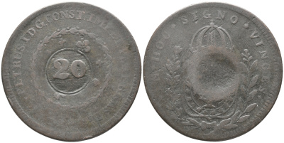 БРАЗИЛИЯ 20 РЕЙСОВ 1835 НАДЧЕКАНКА НА 40 РЕЙСАХ R, ПЕДРО I KM 436.1 медь 74-435