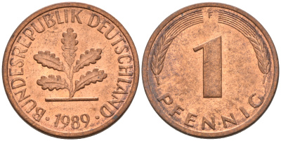 ФРГ 1 ПФЕННИГ 1989 F KM 105, J.380 сталь плакированная медью UNC 75-431