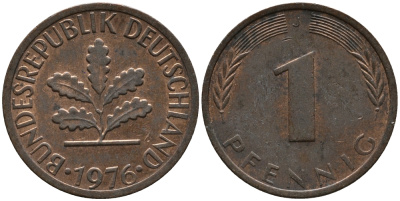 ФРГ 1 пфенниг 1976 J KM 105, J.380 сталь плакированная медью 99-334