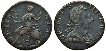 Великобритания 1/2 пенни 1775 Георг III (1760-1820) KM 601, Spink 3774 медь 1518-231
