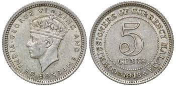 Британская Малайя 5 центов 1943 Георг VI (1937-1952) KM 3a серебро 53-141