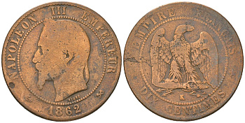 Франция 10 сантимов 1862 K, Наполеон III (1852-1870) KM 798.1 бронза 4590-1012