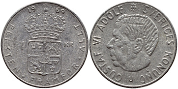 Швеция 1 крона 1969 Густав VI Адольф (1950-1973) KM 826a медь плакированная медно-никелем 4388-555