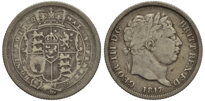 Великобритания 1 шиллинг 1817 Георг III (1760-1820) KM 666, Spink 3790 серебро 1523-822