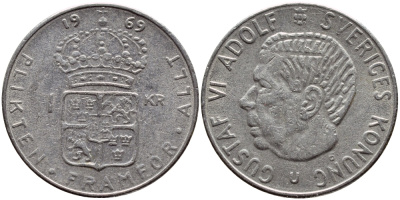 Швеция 1 крона 1969 Густав VI Адольф (1950-1973) KM 826a медь плакированная медно-никелем 4388-555