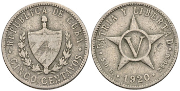 Куба 5 сентаво 1920 KM 11.2, Y 5, Schoen 5 медно-никель 4116-314