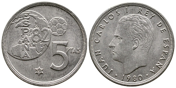 Испания 5 песет 1981 1982 ГОД, Хуан Карлос, чемпионат мира по футболу Испания 82 KM 817 медно-никель 4110-1531