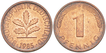 ФРГ 1 ПФЕННИГ 1985 D KM 105, J. 380 сталь плакированная медью 4181-659