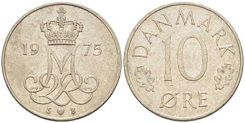 ДАНИЯ 10 ЭРЕ 1975 S; B, МАРГРЕТЕ II (1972-) KM 860.1 медно-никель 4387-1214