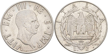 ИТАЛИЯ 2 ЛИРЫ 1940 R, ГОД XVIII, ВИКТОР ЭММАНУИЛ III (1900-1946) KM 78а, VEM3. 1155 a) нержавеющая сталь 3855-316
