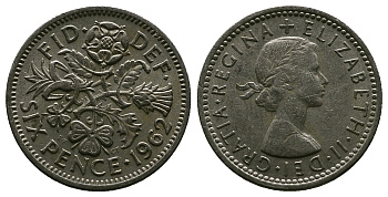 Великобритания 6 пенсов 1962 Елизавета II (1952-2022) KM 903, Spink 4149 медно-никель 4381-741
