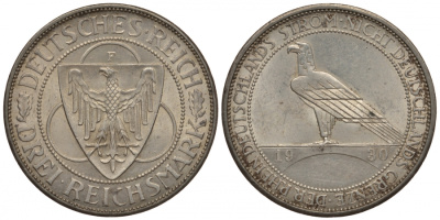 Германия 3 марки 1930 F, освобождение Рейнлянда J. 345, KM 70 серебро UNC 00-814-72