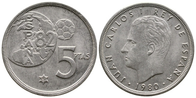 Испания 5 песет 1981 1982 ГОД, Хуан Карлос, чемпионат мира по футболу Испания 82 KM 817 медно-никель 4110-1531