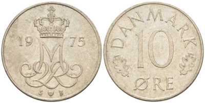 ДАНИЯ 10 ЭРЕ 1975 S; B, МАРГРЕТЕ II (1972-) KM 860.1 медно-никель 4387-1214