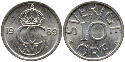 Швеция 10 эре 1989 D, Карл XVI Густав (1973- ) KM 850 медно-никель 26-455