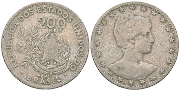 Бразилия 200 реалов 1901 MCMI, голова свободы вправо KM 504 медно-никель 4612-225