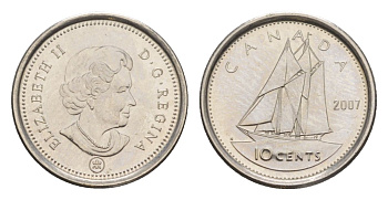 Канада 10 центов 2007 Leaf, Елизавета II (1952-2022), парусник KM 492 сталь плакированная никелем UNC 4630-861