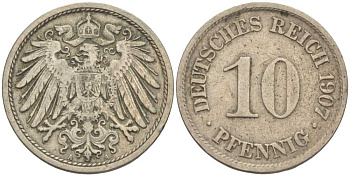 Германия 10 пфеннигов 1907 A KM 12, J. 13 медно-никель 31-113
