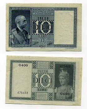 Италия 10 лир 1939 Король Виктор Эммануил III Pick 25 c, Grapanzano BS 45 бумага aUNC 000-00-00