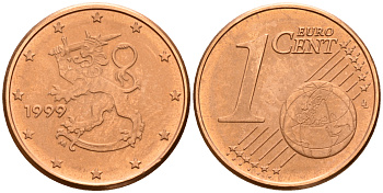 Финляндия 1 евроцент 1999  KM 98 сталь плакированная медью  UNC  4189-147
