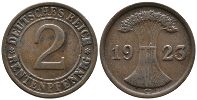 ГЕРМАНИЯ 2 РЕНТЕНПФЕННИГА 1923 G KM 31, J. 307 бронза 24-431