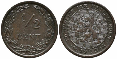 НИДЕРЛАНДЫ 1/2 ЦЕНТА 1903 ВИЛЬГЕЛЬМИНА (1890-1948) KM 133 бронза 112-165