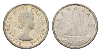 Канада 10 центов 1963 Елизавета II (1952-2022), парусник KM 51 серебро 4623-933