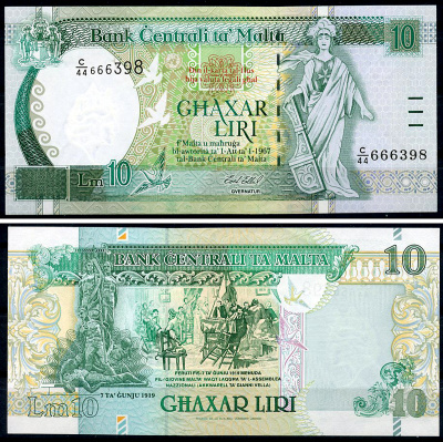 Мальта 10 лир L. 1967 (1994) памятник "7 июня 1919 года" Pick 47 b  бумага  UNC (пресс) 451-1242-3