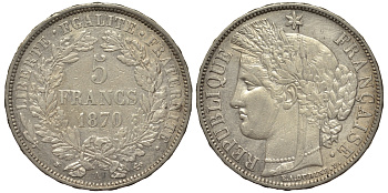 Франция 5 франков 1870 A, свобода KM 756.1 серебро 00-821-68