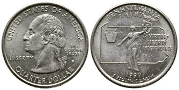 США 25 центов = квотер 1999 Р, серия штаты США, Пенсильвания KM 294 медь плакированная медно-никелем 4610-546