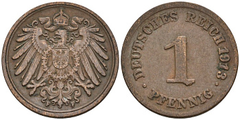 Германия 1 пфенниг 1913 F KM 10, J. 10 медь 4576-225