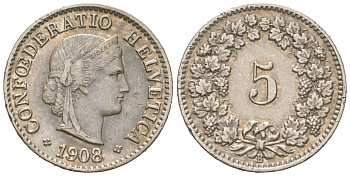 Швейцария 5 раппенов 1908 B KM 26 медно-никель 4160-412
