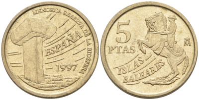 Испания 5 песет 1997 Хуан Карлос I (1975-2014), Балеарские острова, всадник KM 981 алюминиевая бронза 71-637