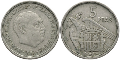 Испания 5 песет 1957 (58) Франсиско Франко (1939-1975) KM 786 медно-никель 4171-515
