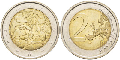 ИТАЛИЯ 2 ЕВРО 2008 60 ЛЕТ ПРИНЯТИЯ ВСЕОБЩЕЙ ДЕКЛАРАЦИИ ПРАВ ЧЕЛОВЕКА KM 301 биметалл UNC 4517-716