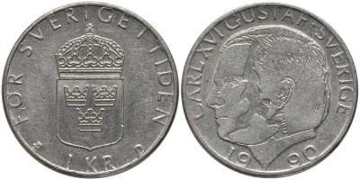 Швеция 1 крона 1990 U, Карл XVI Густав (1973- ) КМ 852а медно-никель 202-513